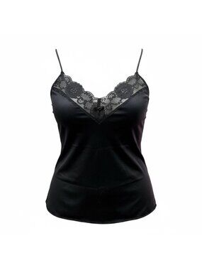 Women's Slip Cami Vintage Black Lace Trim Nylon Camisole Size Medium Made In USA